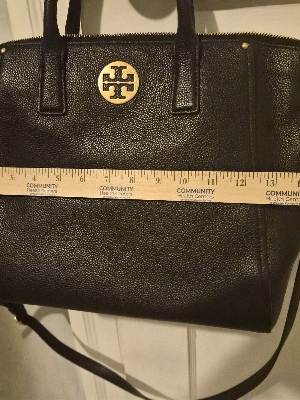 Tory Burch Black Pebbled Leather Satchel with Gold-Tone Logo